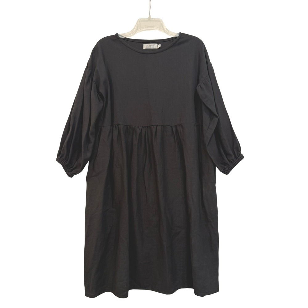 Langley Threads Black Dress Puff Sleeve Cottagecore Handmade Linen Small